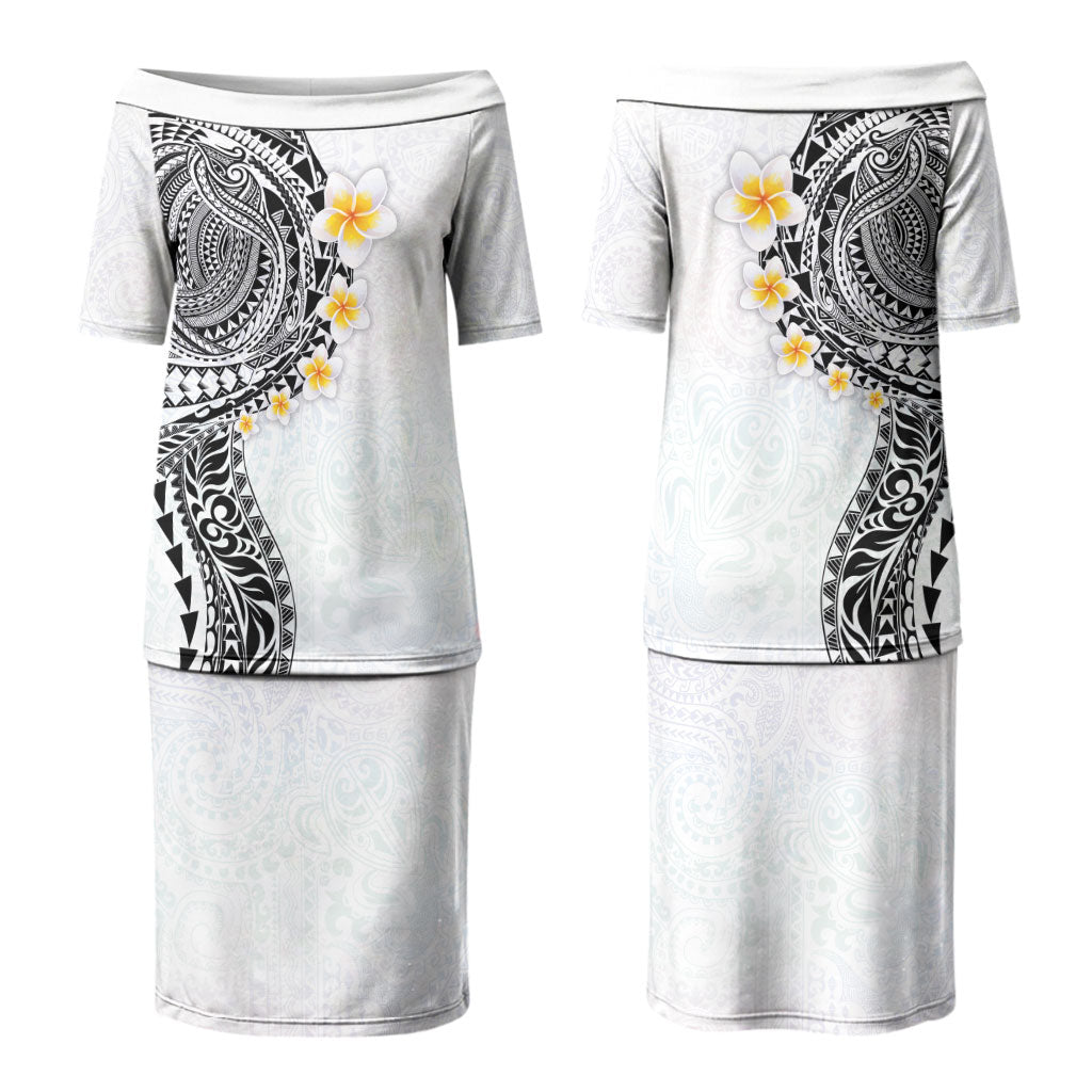 Hawaiian Tribal Tattoo and Plumeria Family Matching Puletasi and Hawaiian Shirt Polynesian Pattern White Color