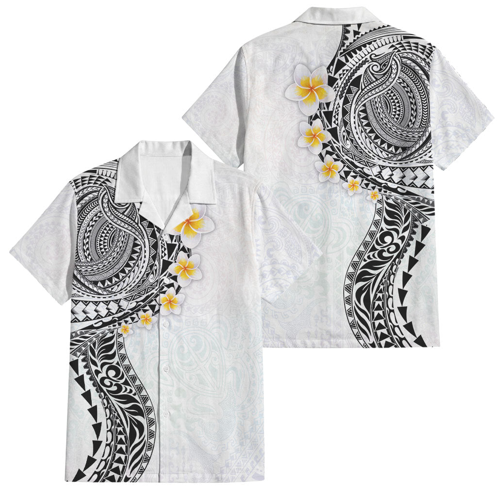 Hawaiian Tribal Tattoo and Plumeria Family Matching Puletasi and Hawaiian Shirt Polynesian Pattern White Color