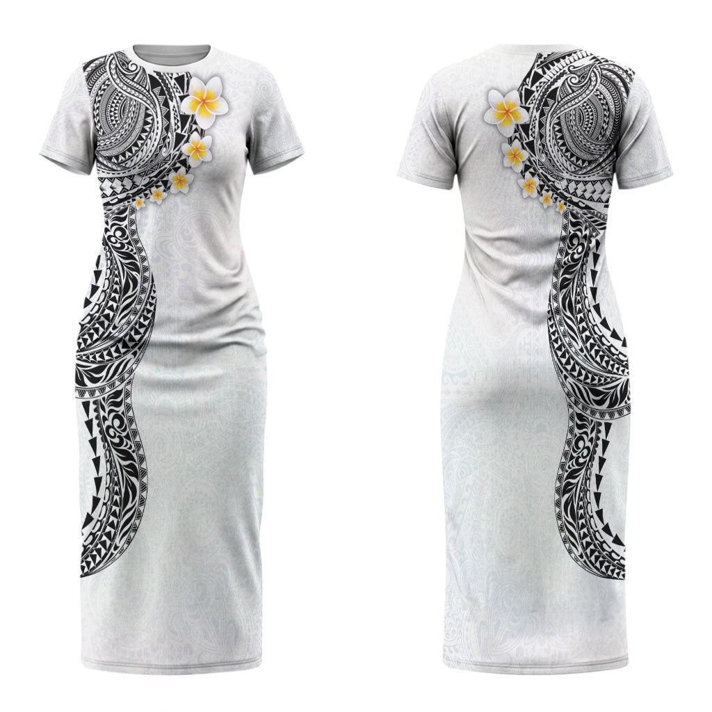 Hawaiian Tribal Tattoo and Plumeria Family Matching Short Sleeve Bodycon Dress and Hawaiian Shirt Polynesian Pattern White Color