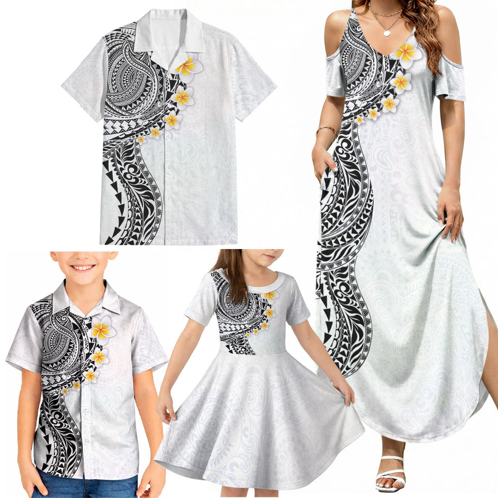 Hawaiian Tribal Tattoo and Plumeria Family Matching Summer Maxi Dress and Hawaiian Shirt Polynesian Pattern White Color
