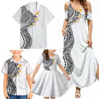 Hawaiian Tribal Tattoo and Plumeria Family Matching Summer Maxi Dress and Hawaiian Shirt Polynesian Pattern White Color