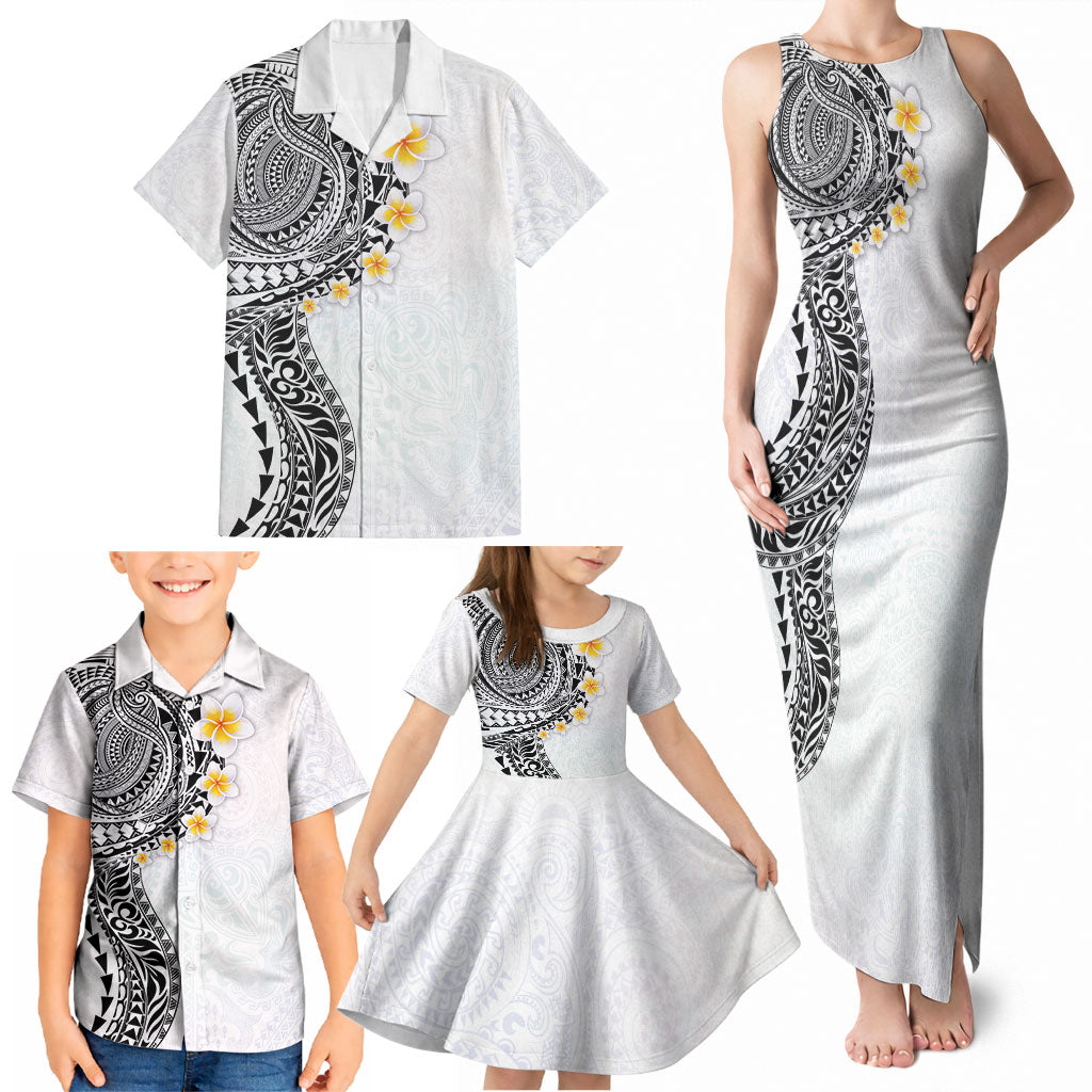 Hawaiian Tribal Tattoo and Plumeria Family Matching Tank Maxi Dress and Hawaiian Shirt Polynesian Pattern White Color