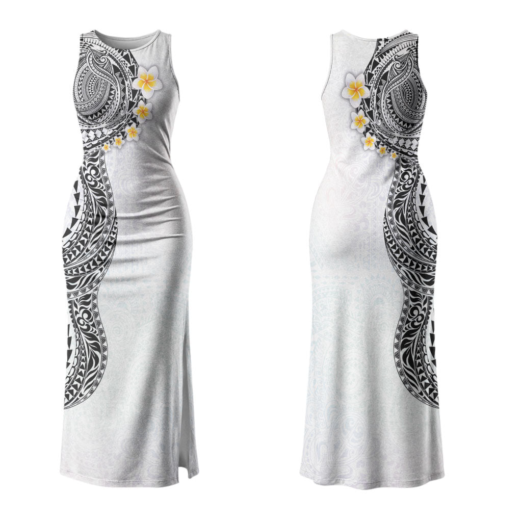Hawaiian Tribal Tattoo and Plumeria Family Matching Tank Maxi Dress and Hawaiian Shirt Polynesian Pattern White Color