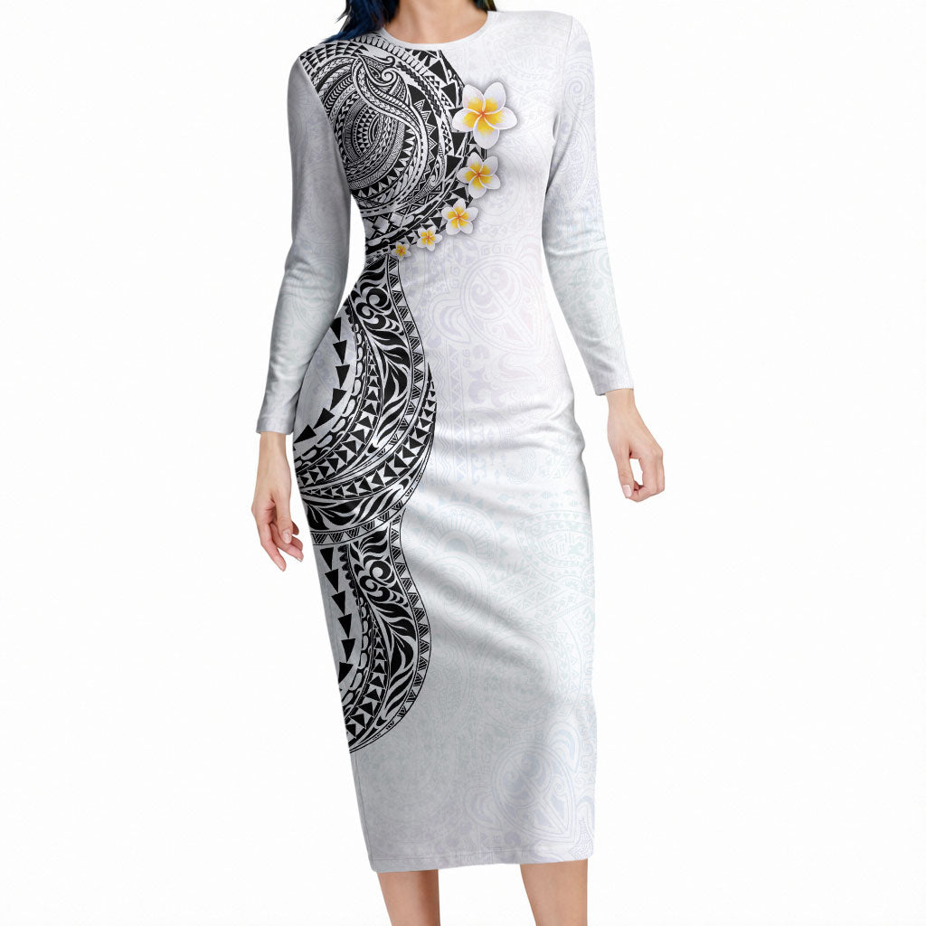 Hawaiian Tribal Tattoo and Plumeria Long Sleeve Bodycon Dress Polynesian Pattern White Color