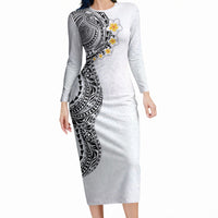 Hawaiian Tribal Tattoo and Plumeria Long Sleeve Bodycon Dress Polynesian Pattern White Color