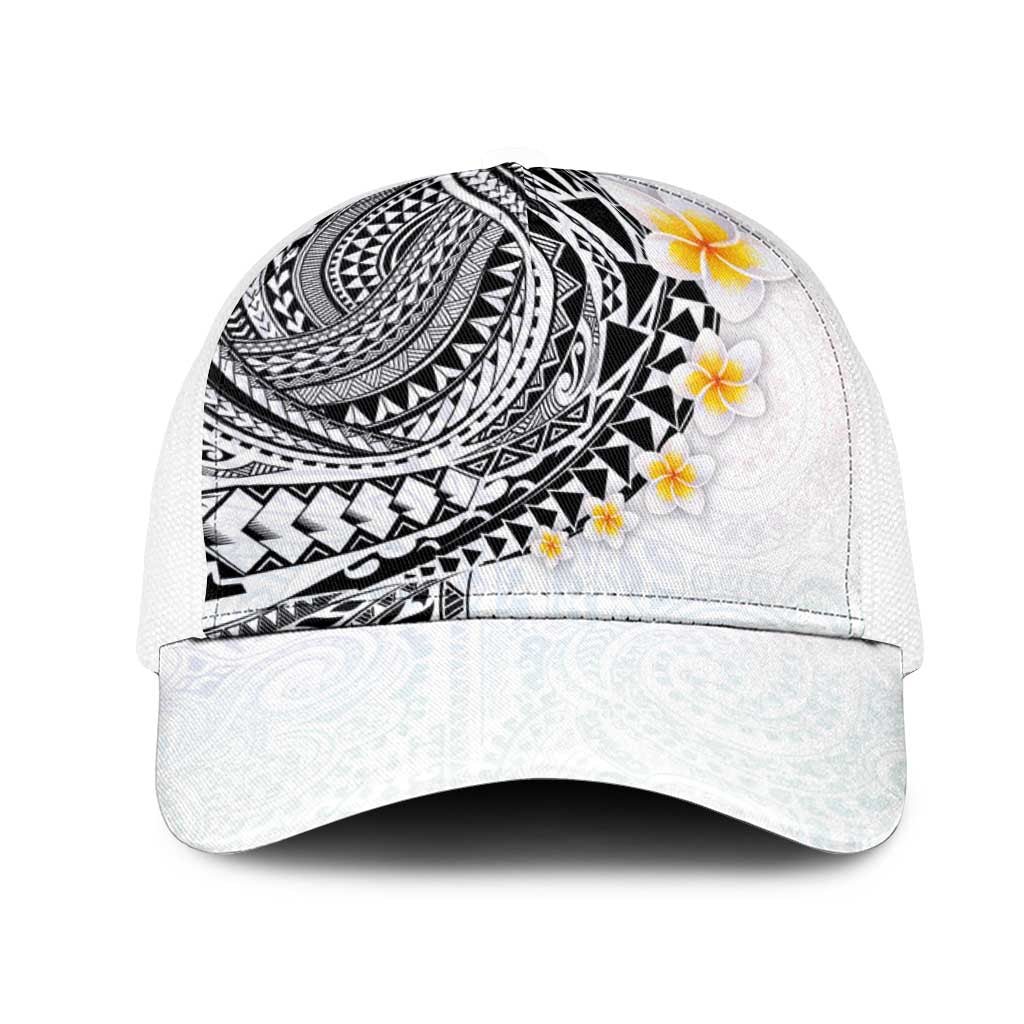 Hawaiian Tribal Tattoo and Plumeria Mesh Trucker Cap Polynesian Pattern White Color