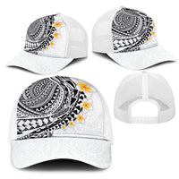 Hawaiian Tribal Tattoo and Plumeria Mesh Trucker Cap Polynesian Pattern White Color