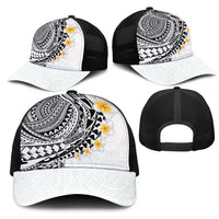 Hawaiian Tribal Tattoo and Plumeria Mesh Trucker Cap Polynesian Pattern White Color