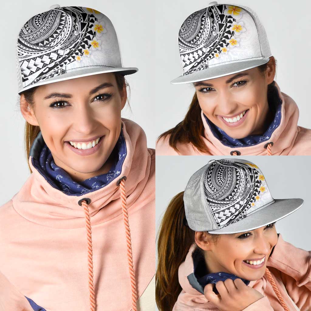 Hawaiian Tribal Tattoo and Plumeria Mesh Trucker Cap Polynesian Pattern White Color