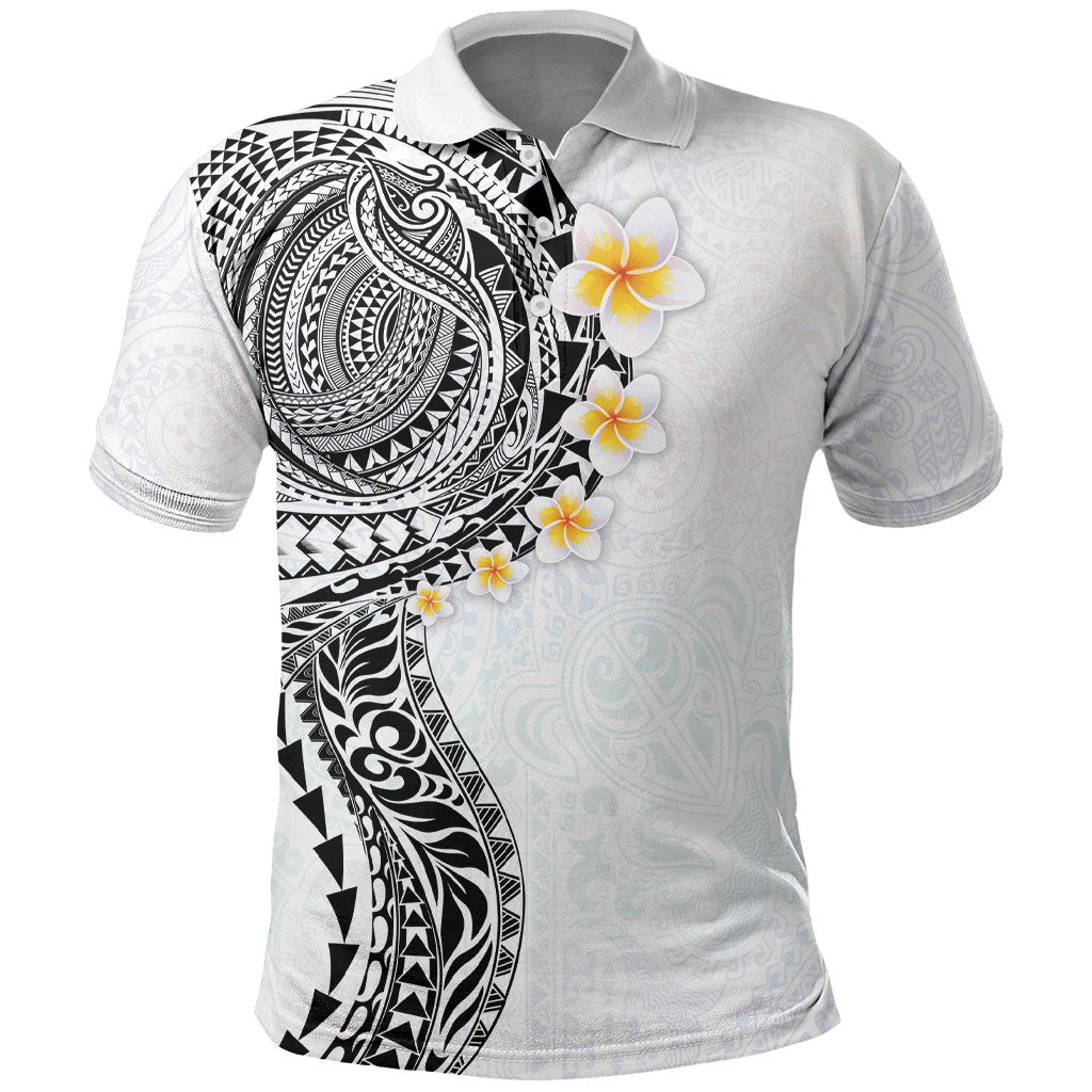 Hawaiian Tribal Tattoo and Plumeria Polo Shirt Polynesian Pattern White Color