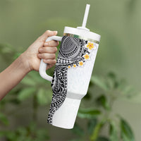 Hawaiian Tribal Tattoo and Plumeria Tumbler With Handle Polynesian Pattern White Color