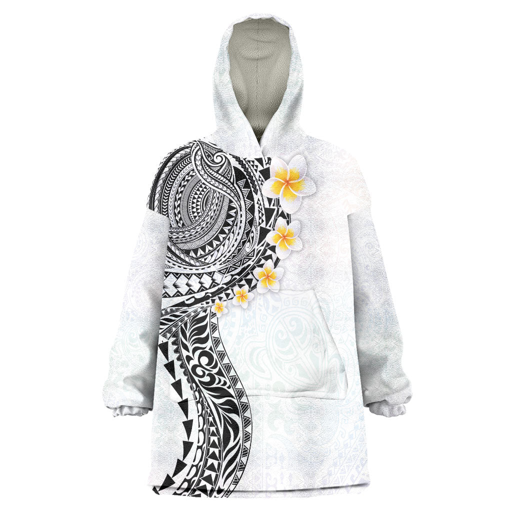 Hawaiian Tribal Tattoo and Plumeria Wearable Blanket Hoodie Polynesian Pattern White Color