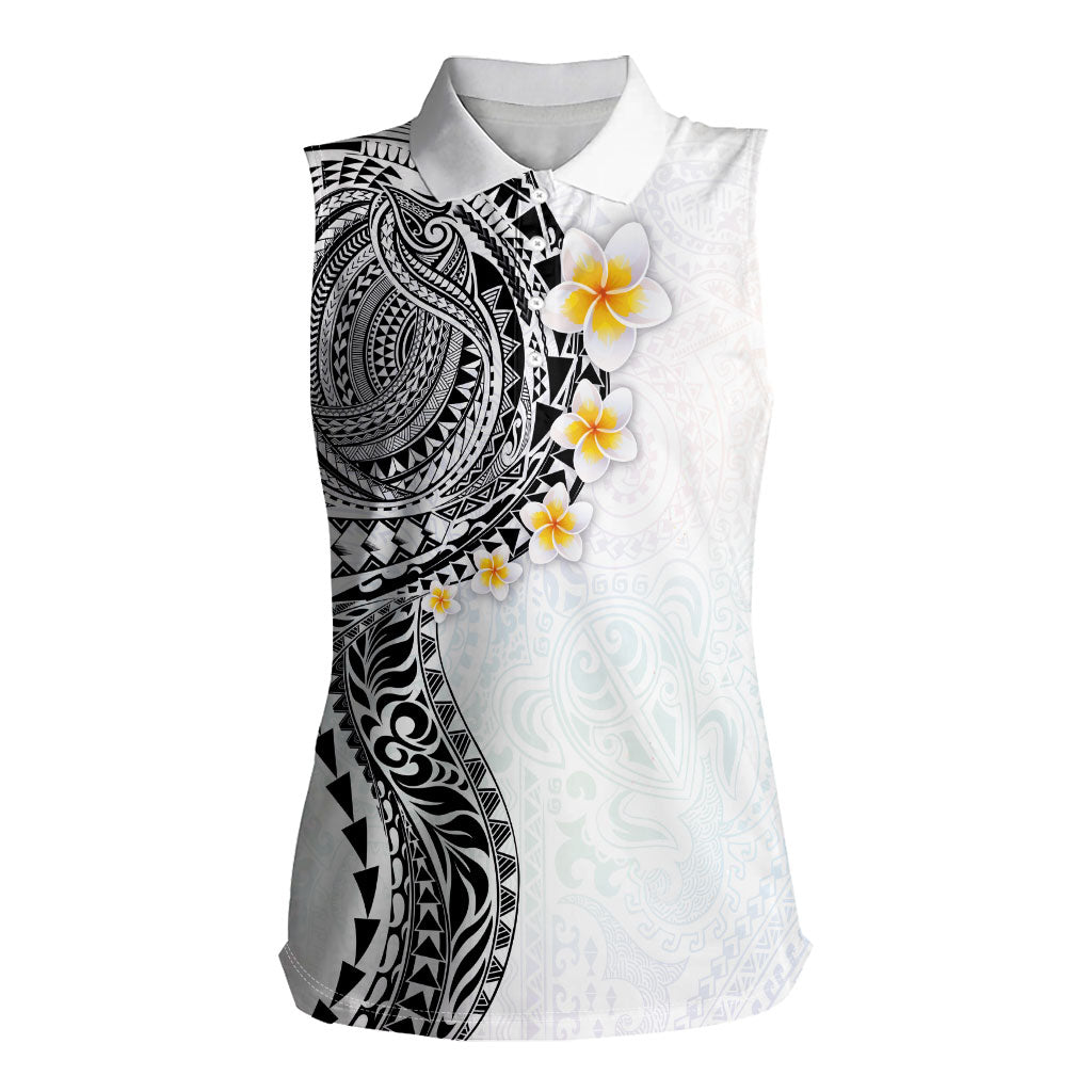 Hawaiian Tribal Tattoo and Plumeria Women Sleeveless Polo Shirt Polynesian Pattern White Color