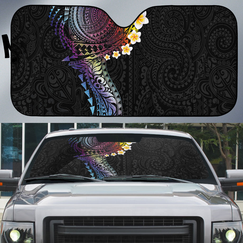 Hawaiian Tribal Tattoo and Plumeria Auto Sun Shade Polynesian Pattern Rainbow LT03 Black - Polynesian Pride