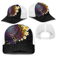Hawaiian Tribal Tattoo and Plumeria Baseball Net Cap Polynesian Pattern Rainbow