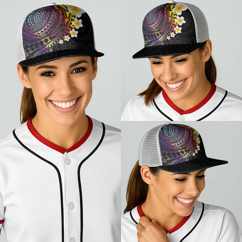 Hawaiian Tribal Tattoo and Plumeria Baseball Net Cap Polynesian Pattern Rainbow