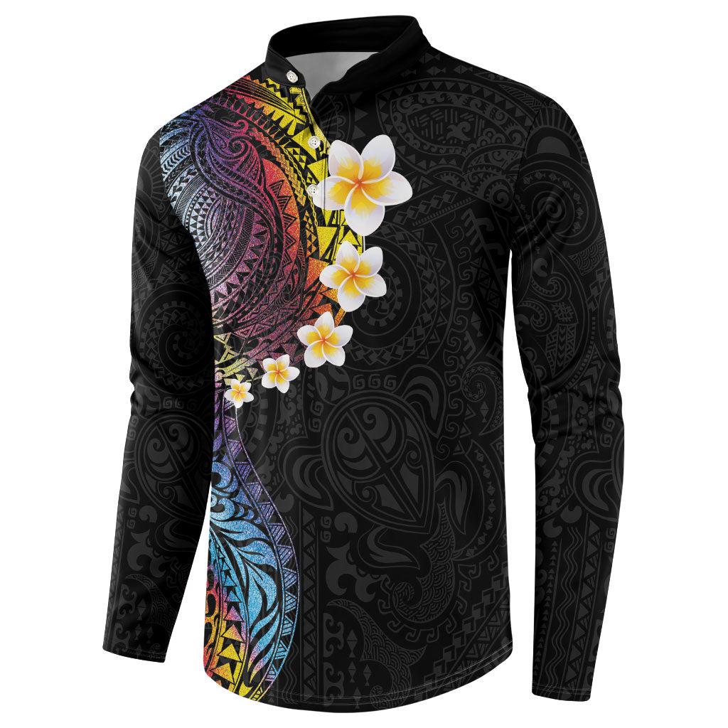 Hawaiian Tribal Tattoo and Plumeria Button Sweatshirt Polynesian Pattern Rainbow