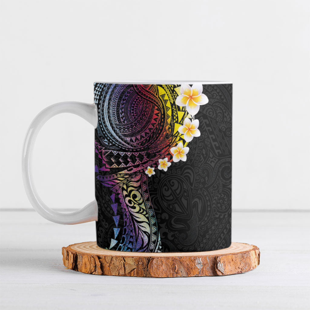 Hawaiian Tribal Tattoo and Plumeria Ceramic Mug Polynesian Pattern Rainbow