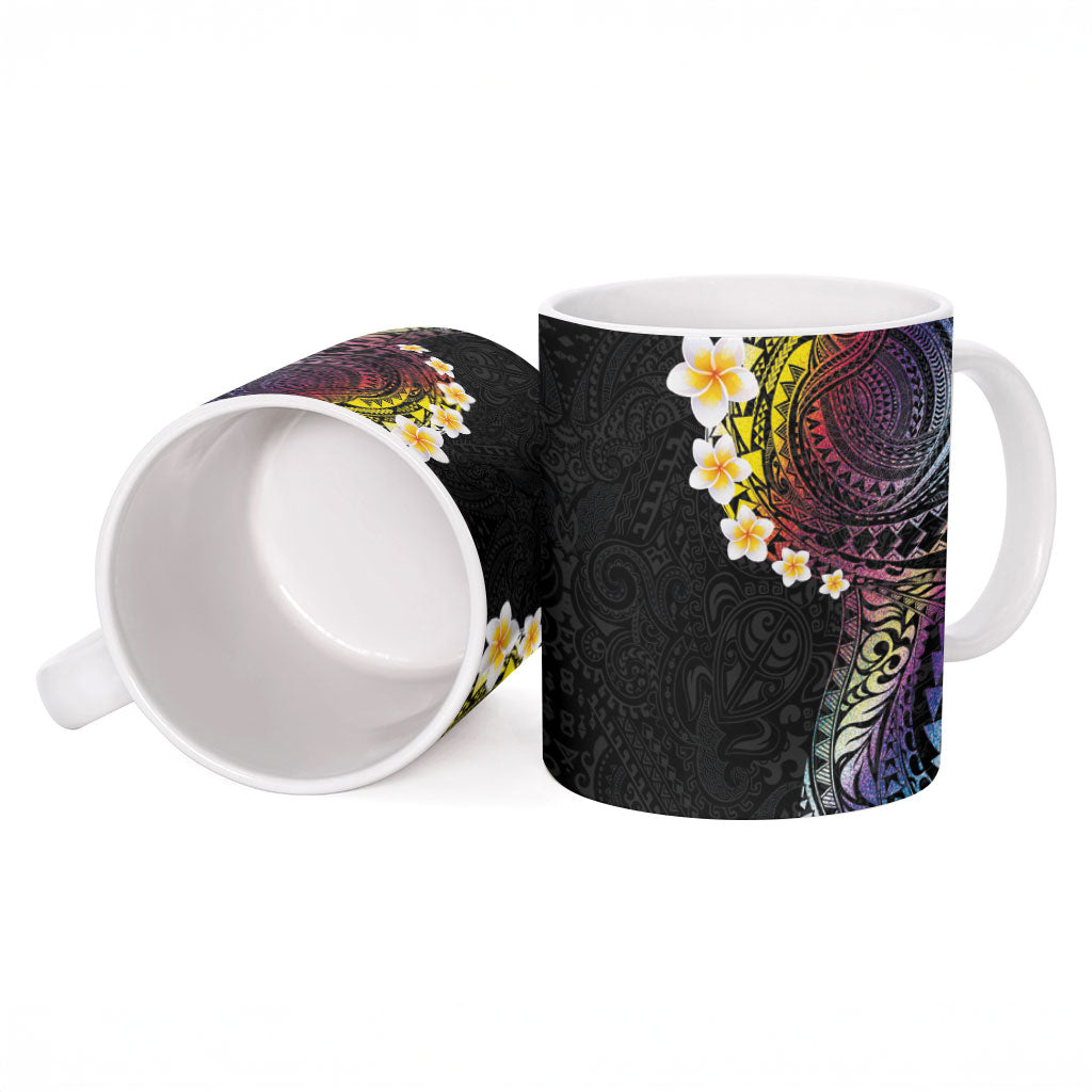 Hawaiian Tribal Tattoo and Plumeria Ceramic Mug Polynesian Pattern Rainbow