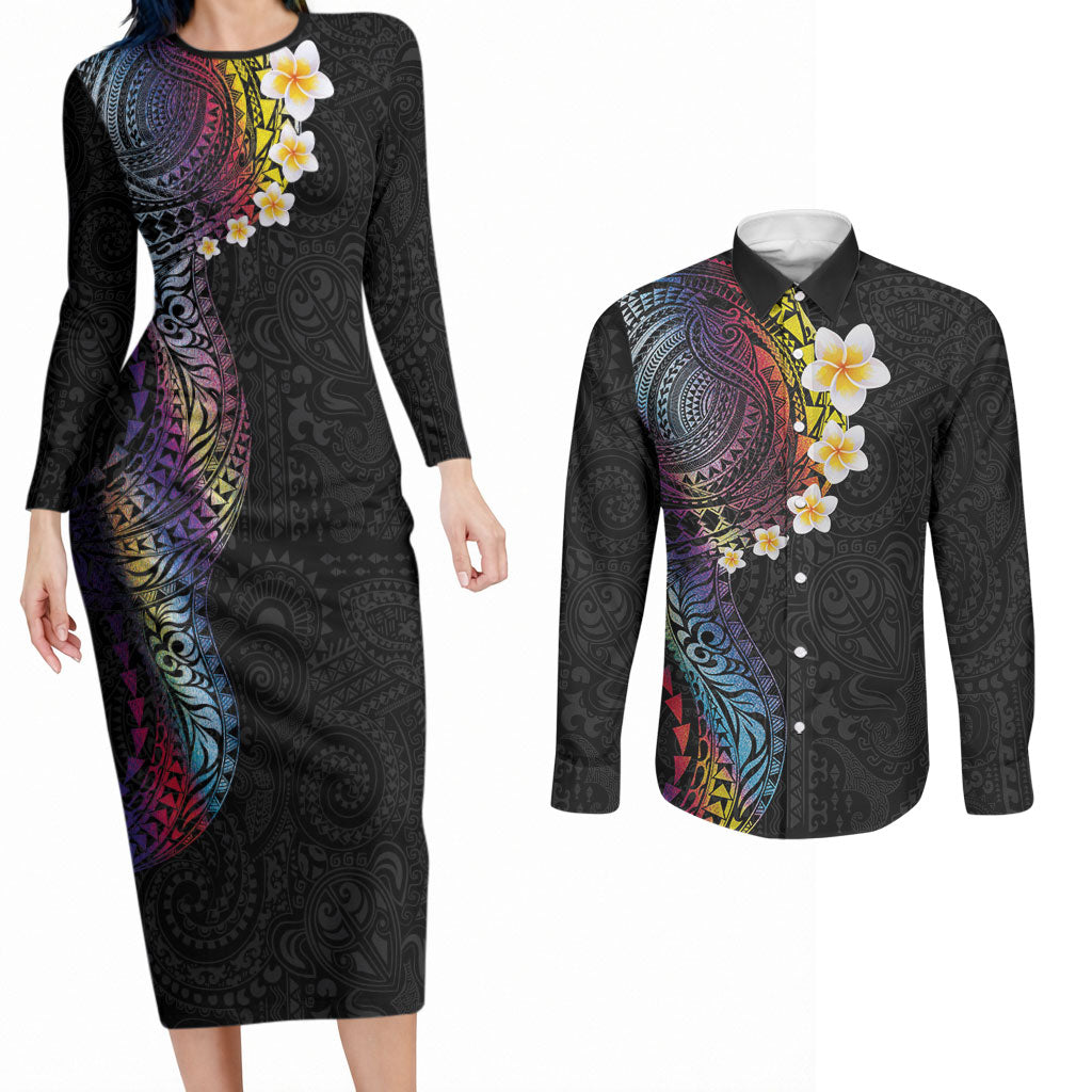 Hawaiian Tribal Tattoo and Plumeria Couples Matching Long Sleeve Bodycon Dress and Long Sleeve Button Shirt Polynesian Pattern Rainbow