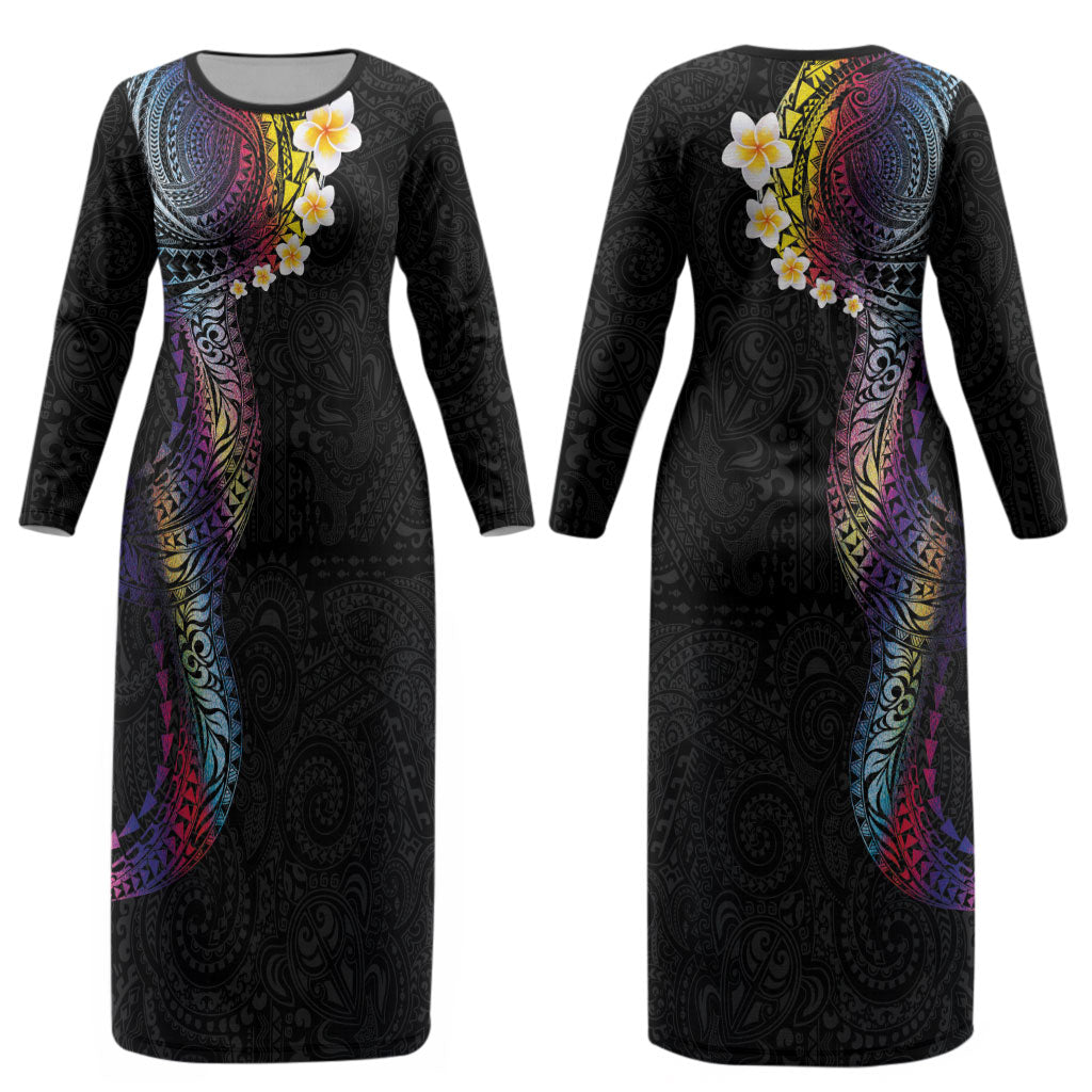 Hawaiian Tribal Tattoo and Plumeria Couples Matching Long Sleeve Bodycon Dress and Long Sleeve Button Shirt Polynesian Pattern Rainbow