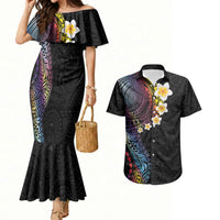 Hawaiian Tribal Tattoo and Plumeria Couples Matching Mermaid Dress and Hawaiian Shirt Polynesian Pattern Rainbow
