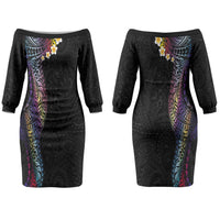 Hawaiian Tribal Tattoo and Plumeria Couples Matching Off The Shoulder Long Sleeve Dress and Hawaiian Shirt Polynesian Pattern Rainbow