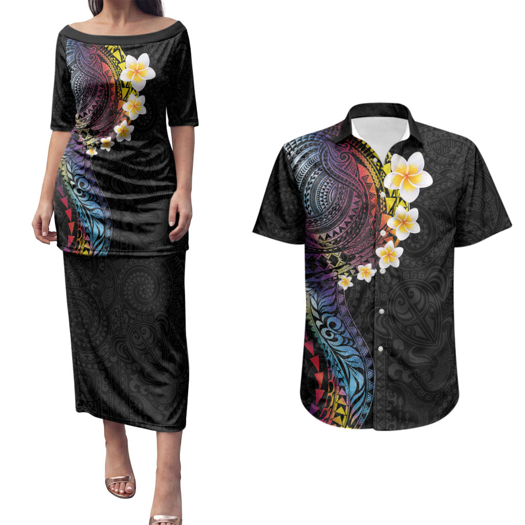Hawaiian Tribal Tattoo and Plumeria Couples Matching Puletasi and Hawaiian Shirt Polynesian Pattern Rainbow