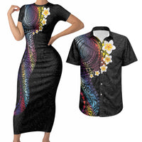 Hawaiian Tribal Tattoo and Plumeria Couples Matching Short Sleeve Bodycon Dress and Hawaiian Shirt Polynesian Pattern Rainbow