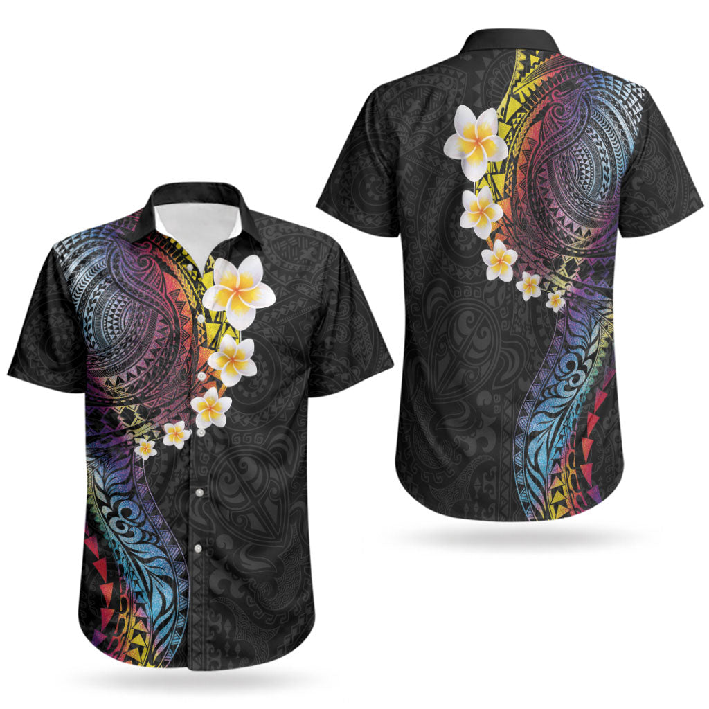 Hawaiian Tribal Tattoo and Plumeria Couples Matching Short Sleeve Bodycon Dress and Hawaiian Shirt Polynesian Pattern Rainbow