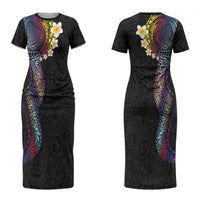 Hawaiian Tribal Tattoo and Plumeria Couples Matching Short Sleeve Bodycon Dress and Hawaiian Shirt Polynesian Pattern Rainbow