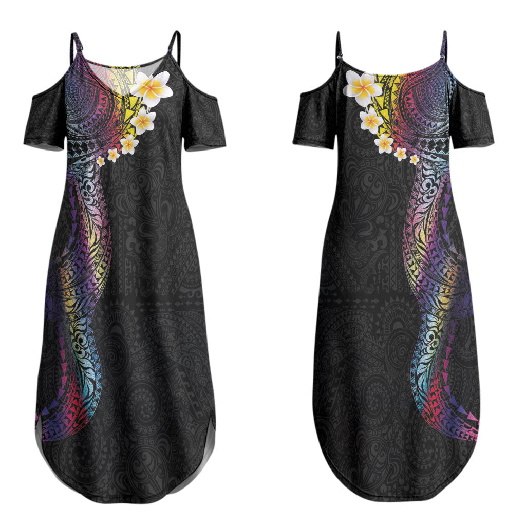 Hawaiian Tribal Tattoo and Plumeria Couples Matching Summer Maxi Dress and Long Sleeve Button Shirt Polynesian Pattern Rainbow