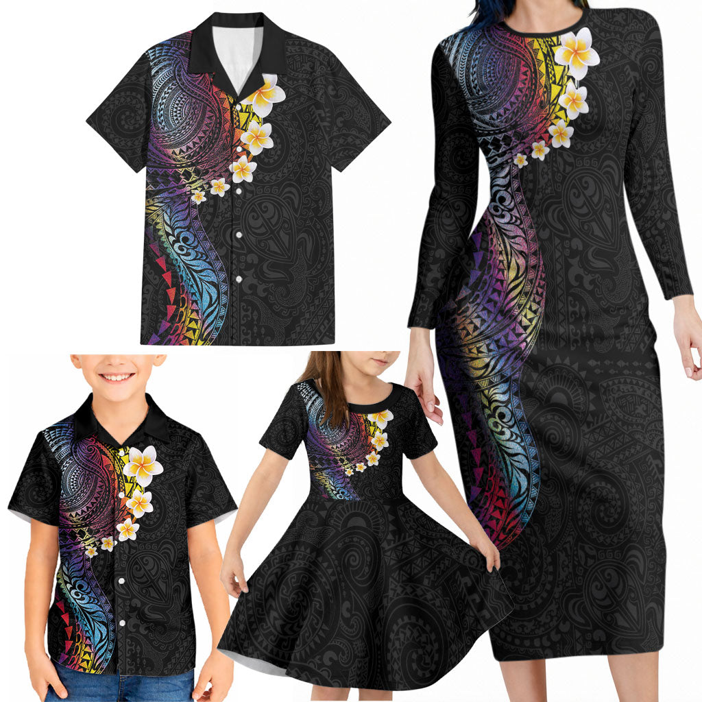 Hawaiian Tribal Tattoo and Plumeria Family Matching Long Sleeve Bodycon Dress and Hawaiian Shirt Polynesian Pattern Rainbow