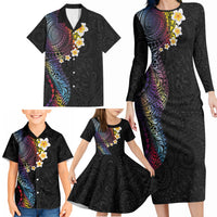 Hawaiian Tribal Tattoo and Plumeria Family Matching Long Sleeve Bodycon Dress and Hawaiian Shirt Polynesian Pattern Rainbow