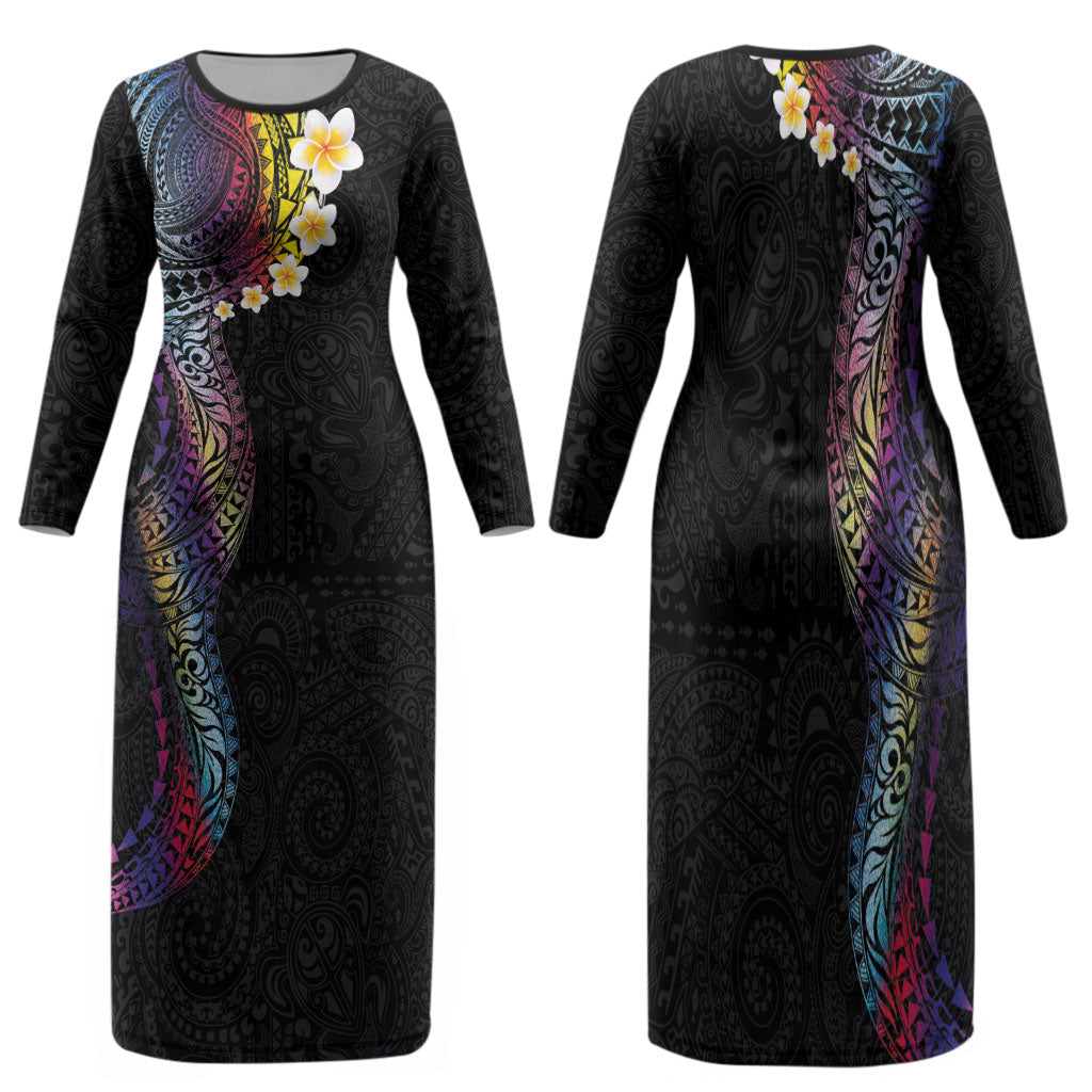 Hawaiian Tribal Tattoo and Plumeria Family Matching Long Sleeve Bodycon Dress and Hawaiian Shirt Polynesian Pattern Rainbow