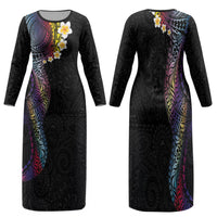 Hawaiian Tribal Tattoo and Plumeria Family Matching Long Sleeve Bodycon Dress and Hawaiian Shirt Polynesian Pattern Rainbow