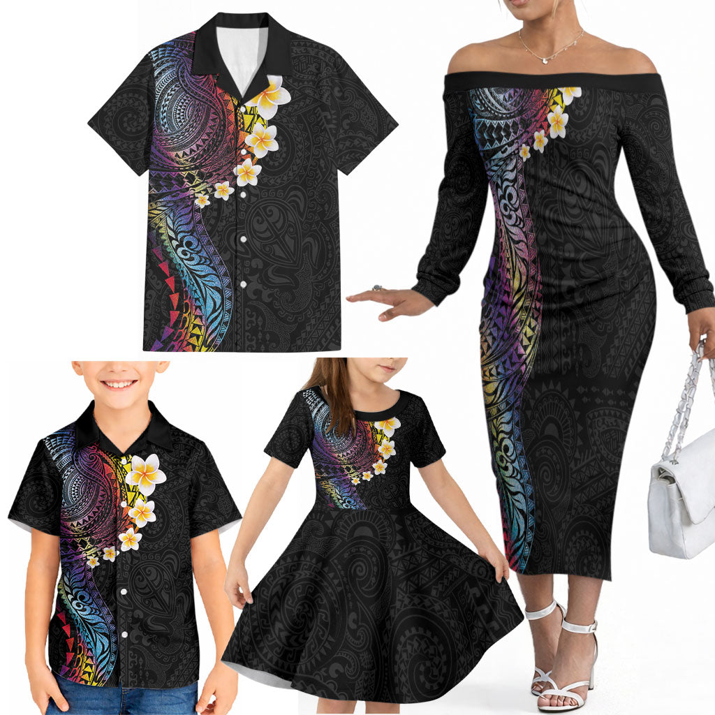 Hawaiian Tribal Tattoo and Plumeria Family Matching Off The Shoulder Long Sleeve Dress and Hawaiian Shirt Polynesian Pattern Rainbow