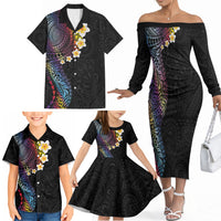 Hawaiian Tribal Tattoo and Plumeria Family Matching Off The Shoulder Long Sleeve Dress and Hawaiian Shirt Polynesian Pattern Rainbow