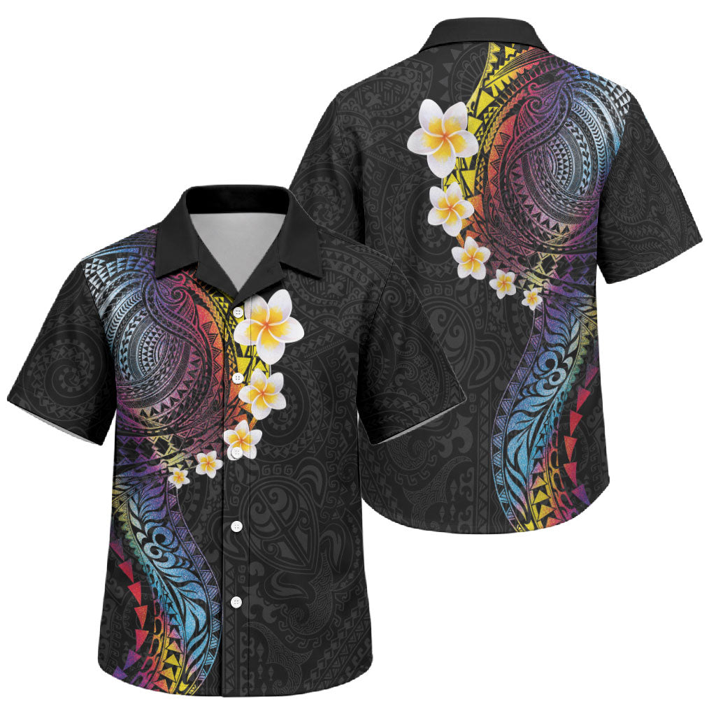 Hawaiian Tribal Tattoo and Plumeria Family Matching Off The Shoulder Long Sleeve Dress and Hawaiian Shirt Polynesian Pattern Rainbow