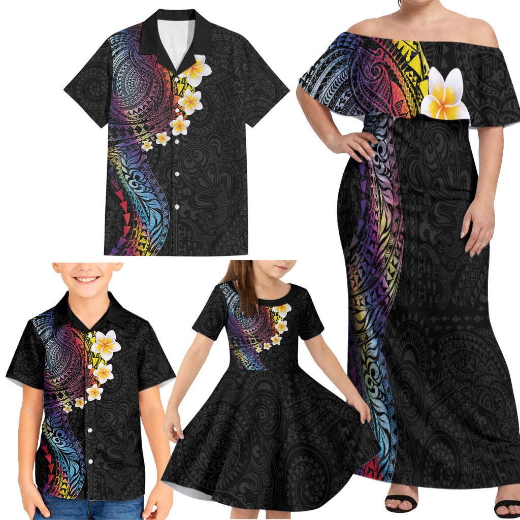 Hawaiian Tribal Tattoo and Plumeria Family Matching Off Shoulder Maxi Dress and Hawaiian Shirt Polynesian Pattern Rainbow