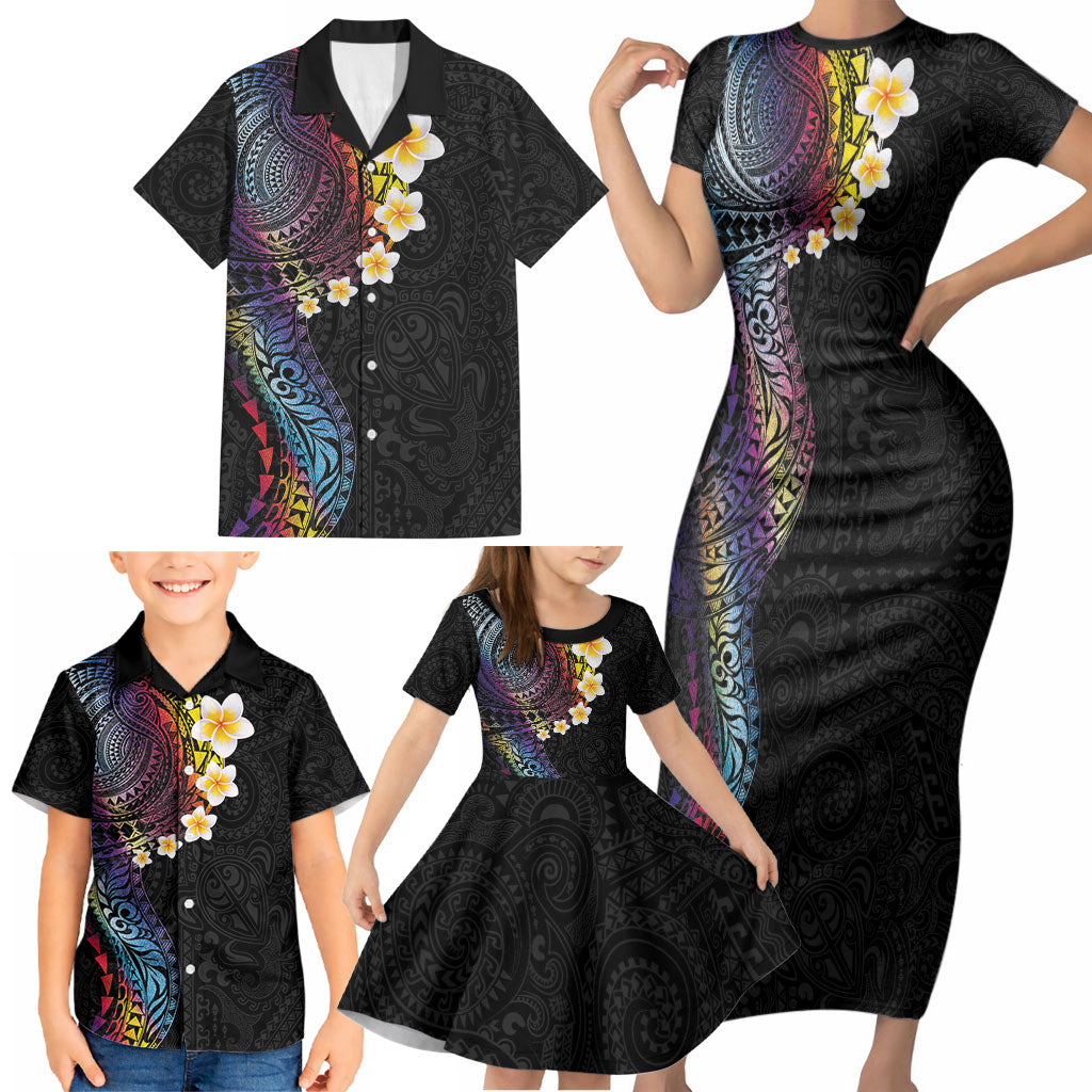 Hawaiian Tribal Tattoo and Plumeria Family Matching Short Sleeve Bodycon Dress and Hawaiian Shirt Polynesian Pattern Rainbow