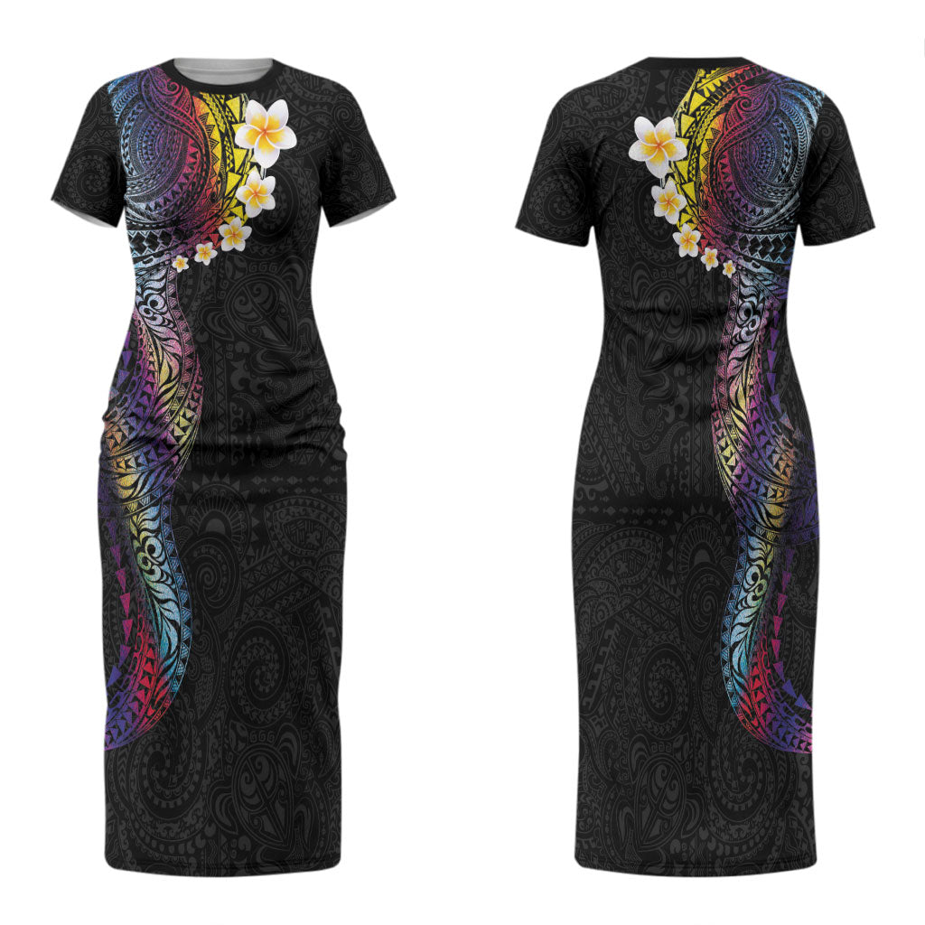 Hawaiian Tribal Tattoo and Plumeria Family Matching Short Sleeve Bodycon Dress and Hawaiian Shirt Polynesian Pattern Rainbow
