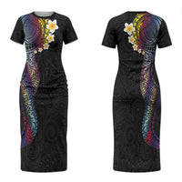 Hawaiian Tribal Tattoo and Plumeria Family Matching Short Sleeve Bodycon Dress and Hawaiian Shirt Polynesian Pattern Rainbow