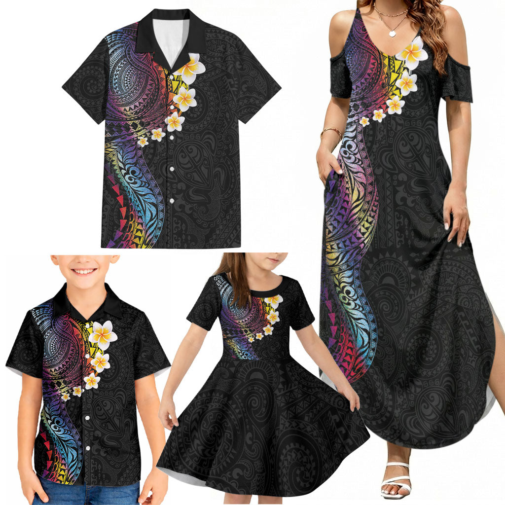 Hawaiian Tribal Tattoo and Plumeria Family Matching Summer Maxi Dress and Hawaiian Shirt Polynesian Pattern Rainbow
