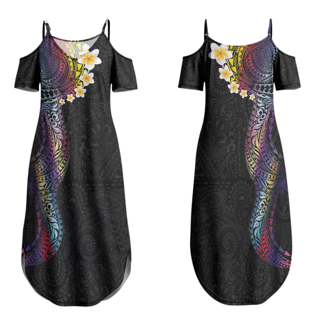 Hawaiian Tribal Tattoo and Plumeria Family Matching Summer Maxi Dress and Hawaiian Shirt Polynesian Pattern Rainbow