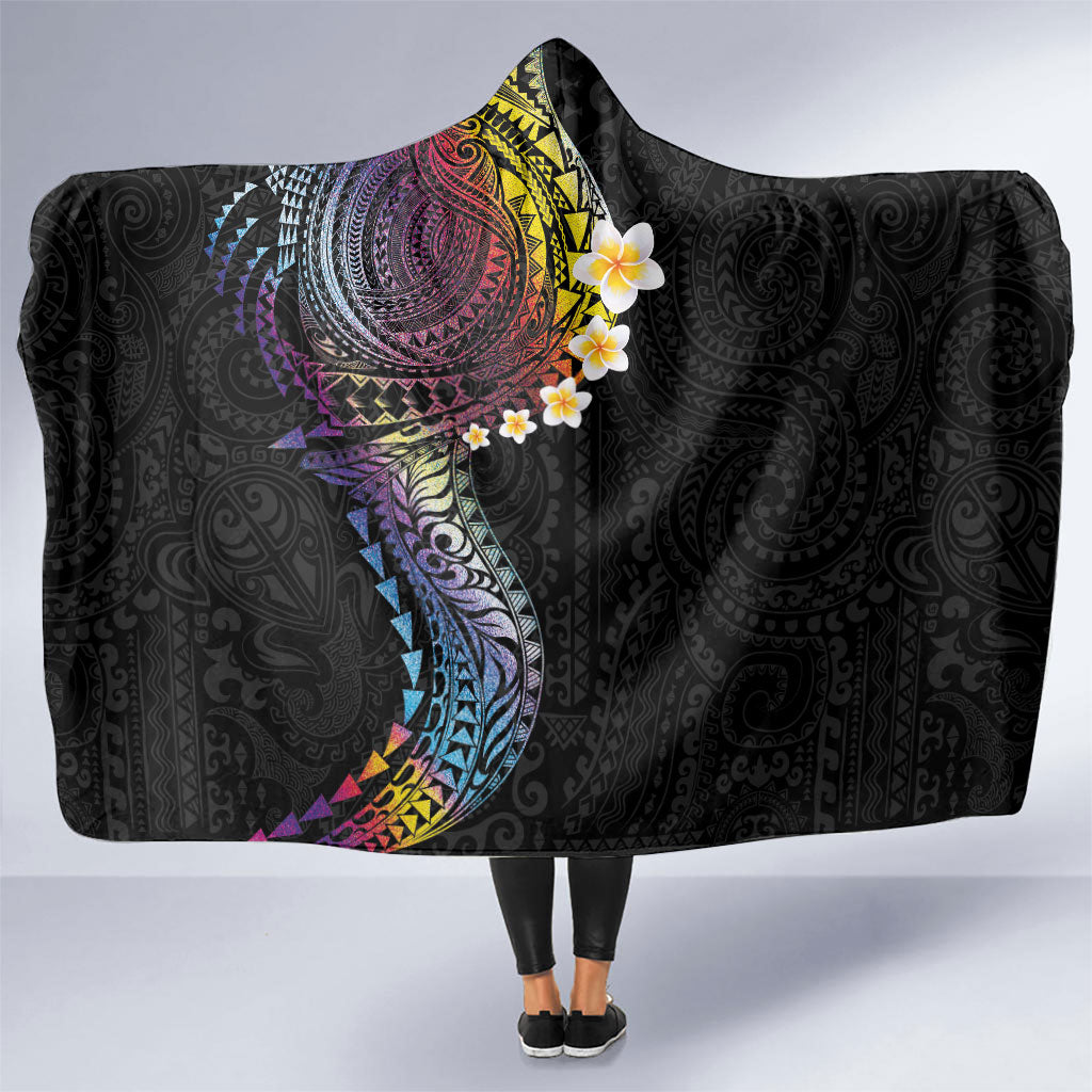 Hawaiian Tribal Tattoo and Plumeria Hooded Blanket Polynesian Pattern Rainbow LT03 One Size Black - Polynesian Pride