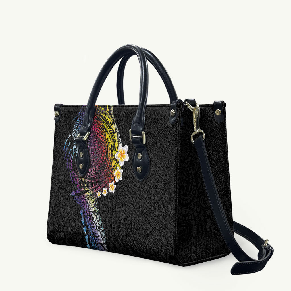 Hawaiian Tribal Tattoo and Plumeria Leather Bag Polynesian Pattern Rainbow