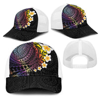 Hawaiian Tribal Tattoo and Plumeria Mesh Trucker Cap Polynesian Pattern Rainbow