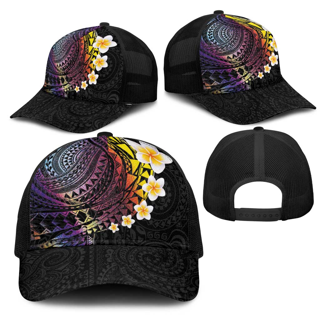 Hawaiian Tribal Tattoo and Plumeria Mesh Trucker Cap Polynesian Pattern Rainbow