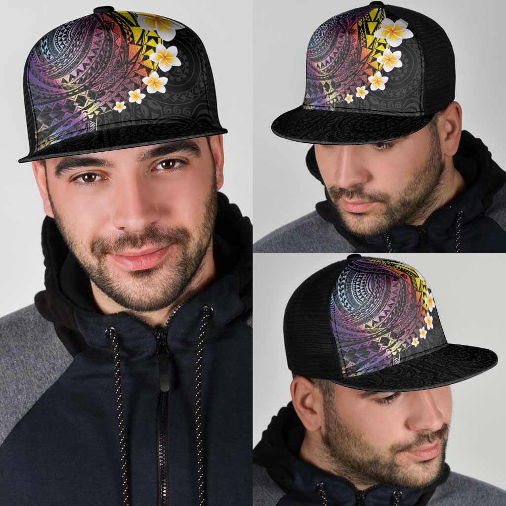 Hawaiian Tribal Tattoo and Plumeria Mesh Trucker Cap Polynesian Pattern Rainbow